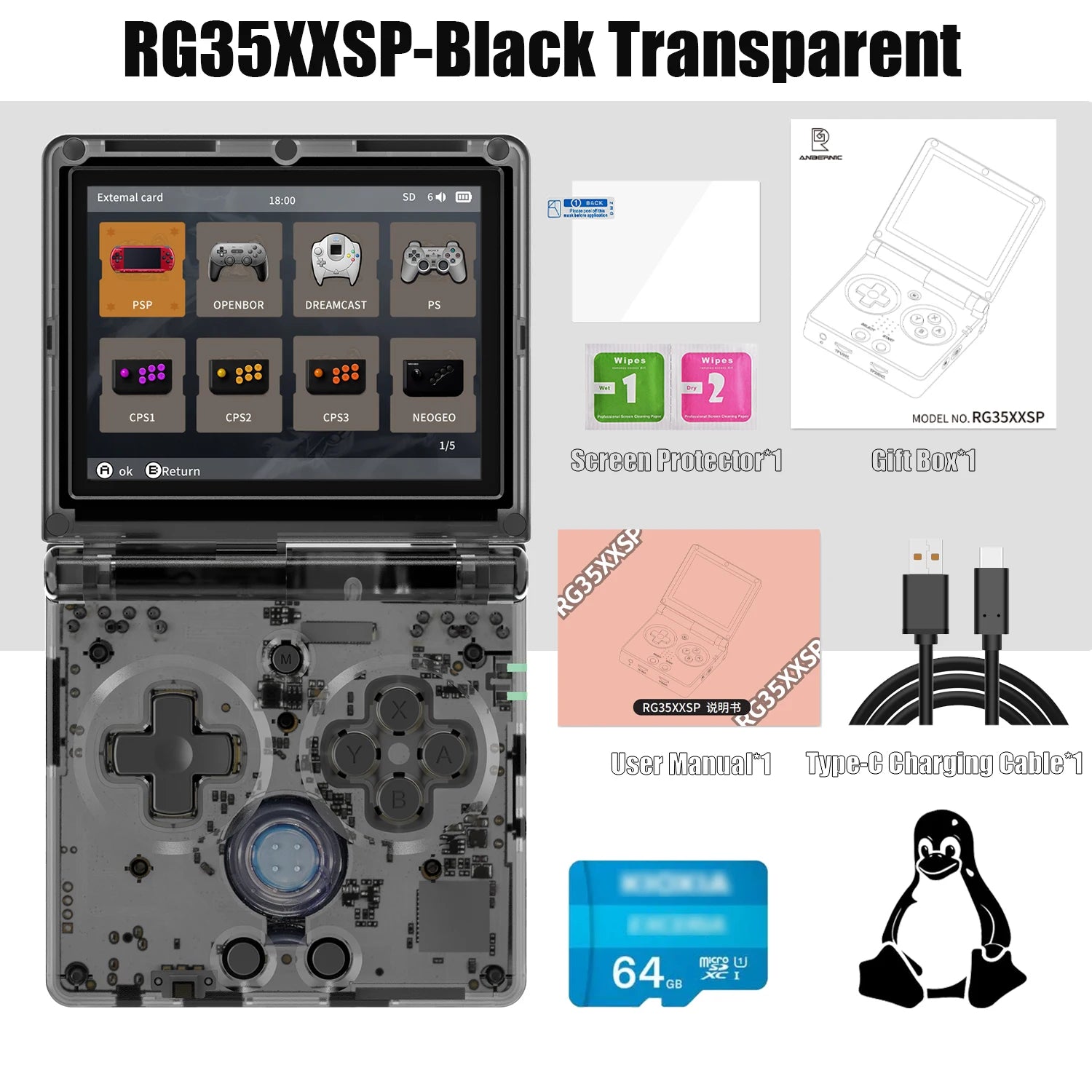 Console Retrô Flip RG35XXSP – Tela IPS 3.5" | 64GB | Sistema Linux