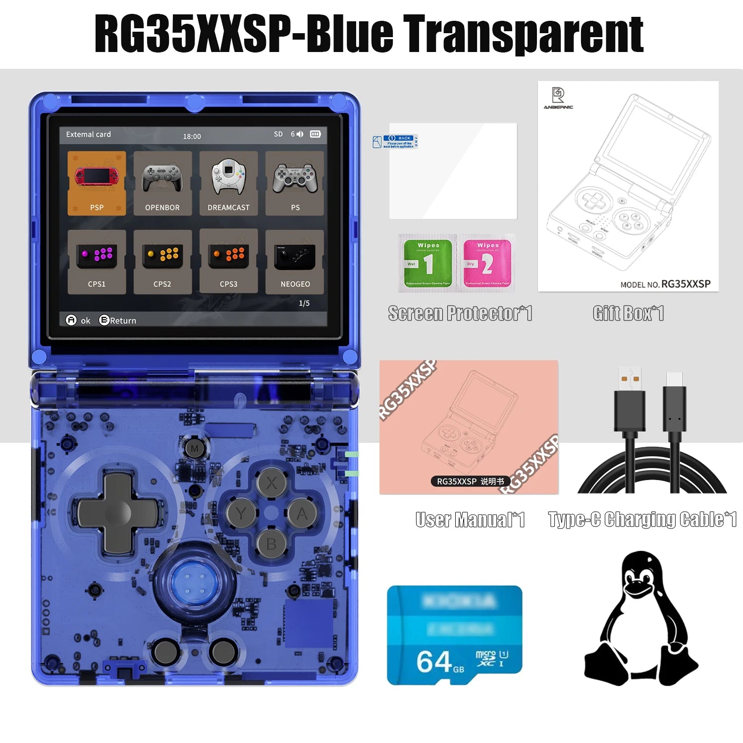 Console Retrô Flip RG35XXSP – Tela IPS 3.5" | 64GB | Sistema Linux