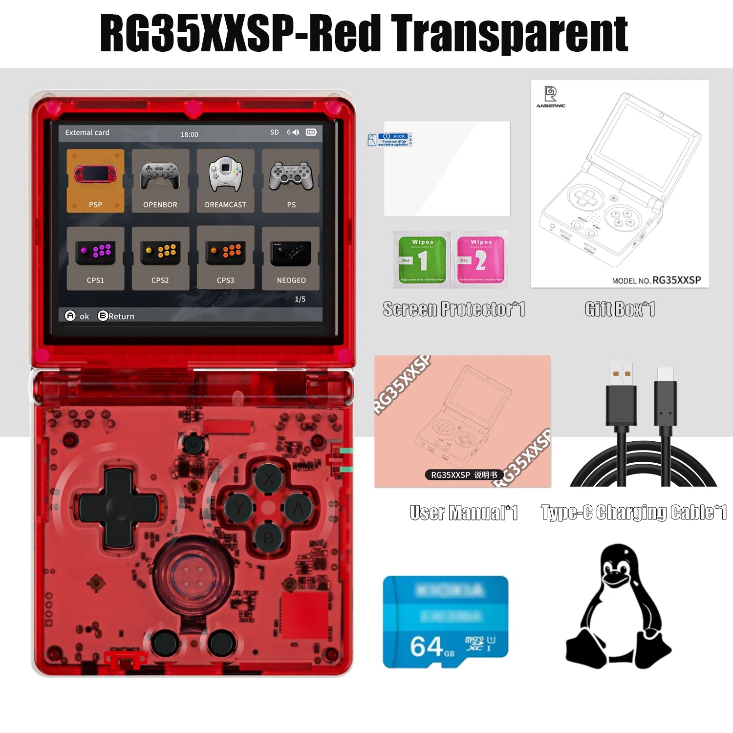 Console Retrô Flip RG35XXSP – Tela IPS 3.5" | 64GB | Sistema Linux