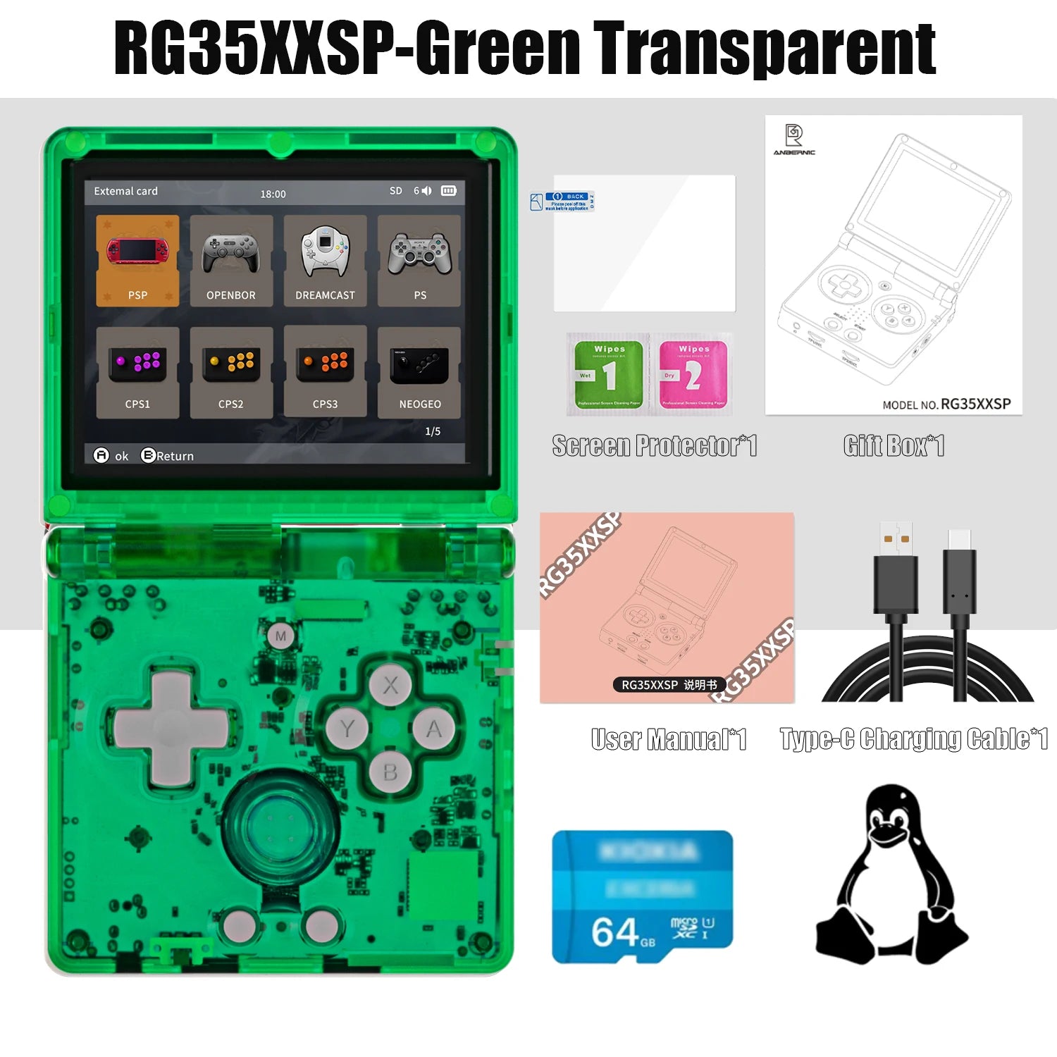 Console Retrô Flip RG35XXSP – Tela IPS 3.5" | 64GB | Sistema Linux