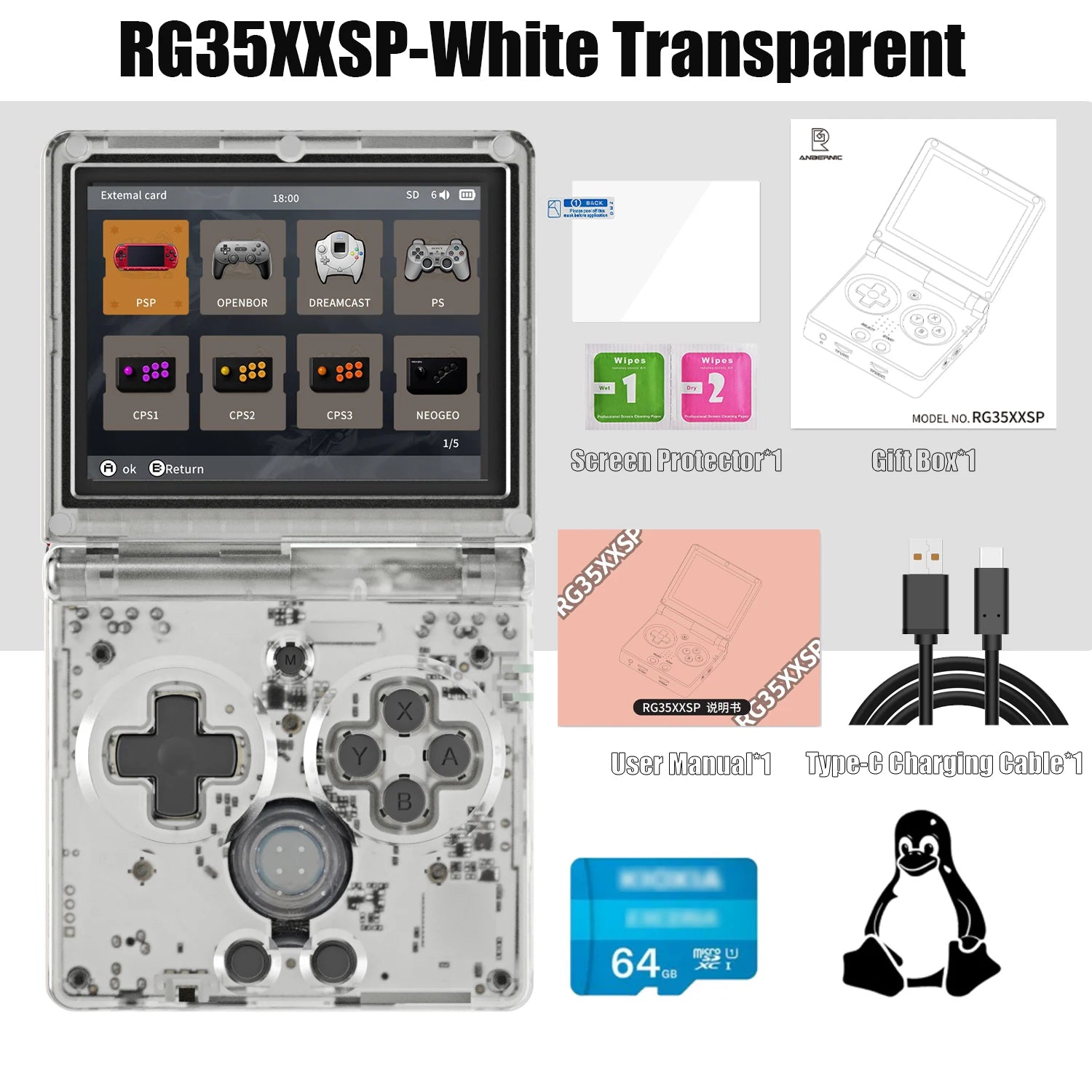 Console Retrô Flip RG35XXSP – Tela IPS 3.5" | 64GB | Sistema Linux