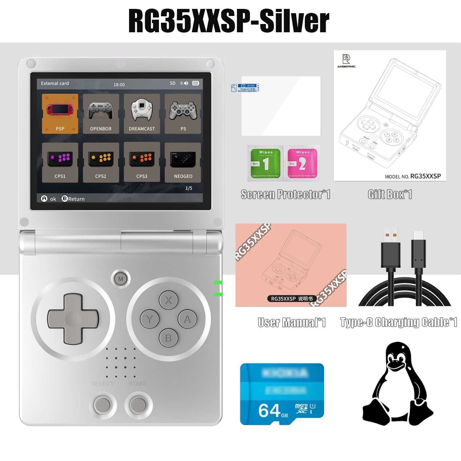 Console Retrô Flip RG35XXSP – Tela IPS 3.5" | 64GB | Sistema Linux