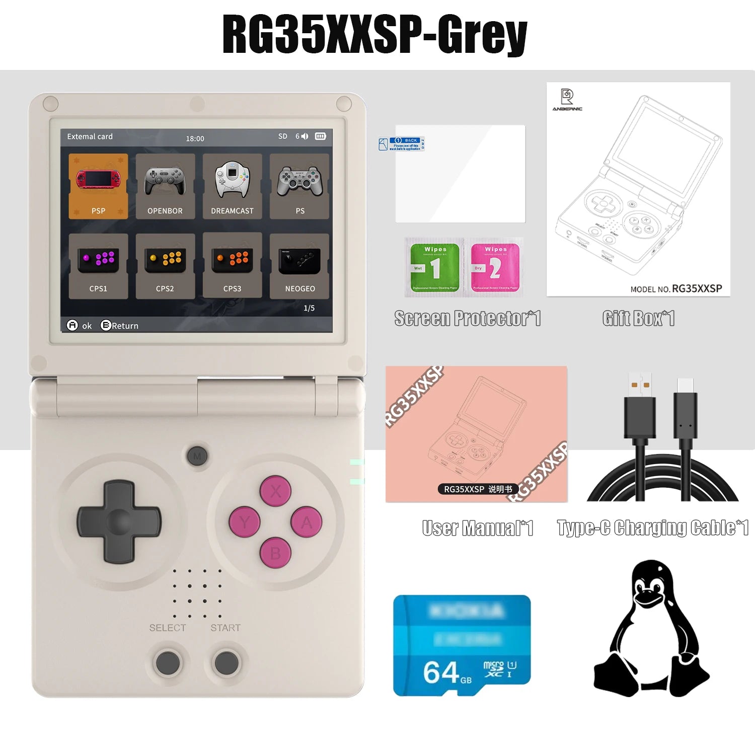 Console Retrô Flip RG35XXSP – Tela IPS 3.5" | 64GB | Sistema Linux